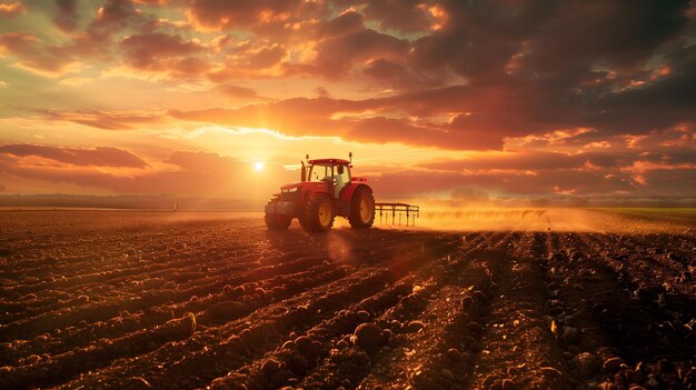 Zonsondergang over landbouwgrond met een tractor aan het werk die een rustig en productief einde van de dag creëert