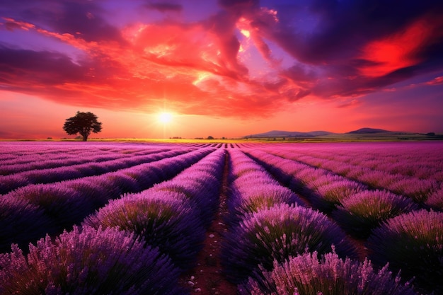 Zonsondergang over lavendelveld in de Provence Frankrijk Prachtig landschap uitzicht op laventelveld bij zonsondergang AI gegenereerd