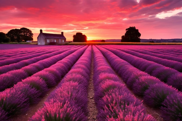 Zonsondergang over lavendelvelden in de Provence, Frankrijk