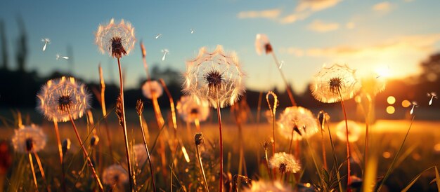 Foto zonsondergang over paardenbloemen in het veld selectieve focus