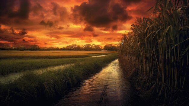 Foto zonsondergang over suikerrietgebied