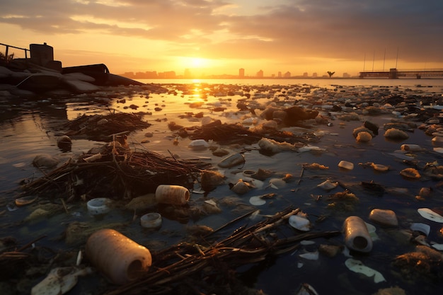 Zonsondergang over vervuilde kustlijn onthult milieuschade