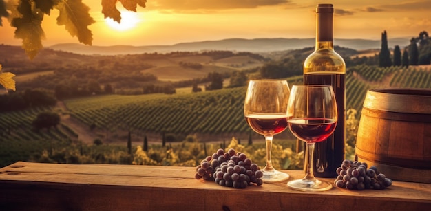 Zonsondergang over wijngaard met een flessenvat rode druiven en twee glazen rode wijn in frontGenerative AI