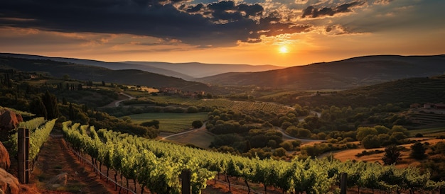 Zonsondergang over wijngaarden in Chianti Toscane Italië