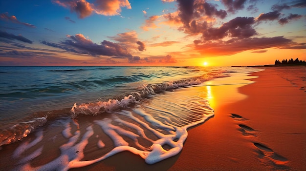 Zonsondergang reflecteert op kalme oceaangolven met voetafdrukken in het zand