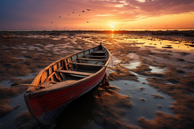 Zonsondergang schildert de lucht als een vissersboot op droog land rust