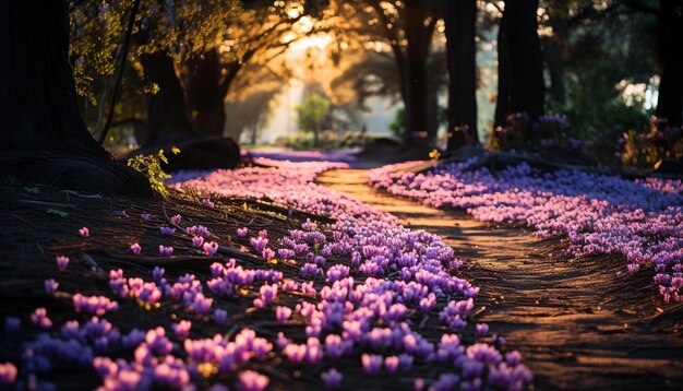 Foto zonsondergang schildert levendige kleuren op een rustige weide gegenereerd door ai