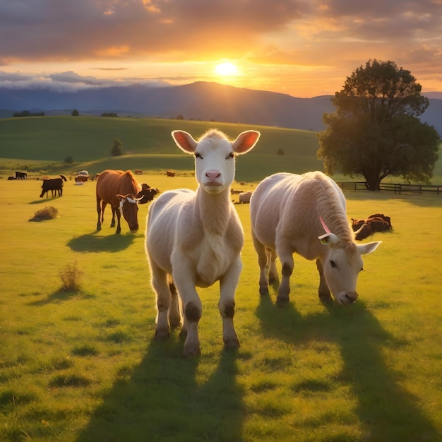 Zonsondergang Serenity Adorabele vee grazen in de weide