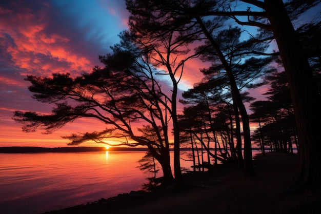 Zonsondergang silhouet hoge bomen op kleurrijke horizon mooie zonsopgang beeld