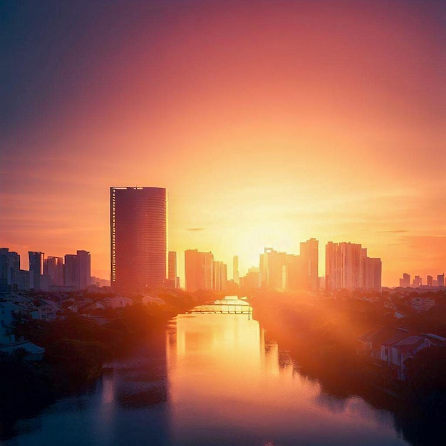 Zonsondergang stad bouwen rivier