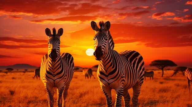 Zonsondergang tijd Afrikaanse savanne zebra's beeld Generatieve AI