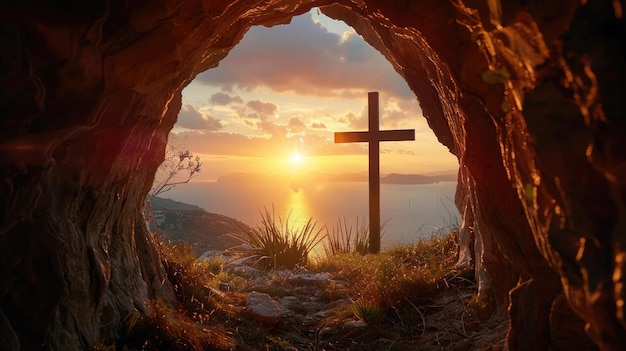 Zonsondergang van een houten kruis vanuit een grot
