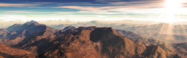 Zonsondergang van panorama spectaculaire luchtfoto van bergen met zonnestraal