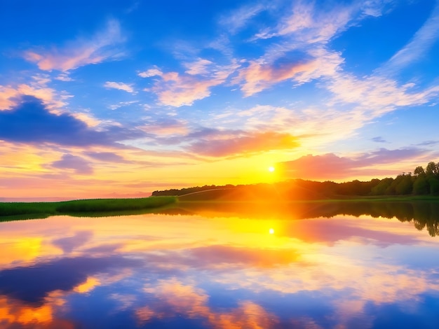 Zonsondergang Zonsopgang Zomer LandschapPrachtige NatuurBlauwe Luchtkleurrijke wolken AchtergrondgeluidAI Generated