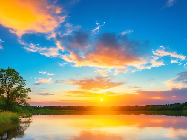 Zonsondergang Zonsopgang Zomer LandschapPrachtige NatuurBlauwe Luchtkleurrijke wolken AchtergrondgeluidAI Generated