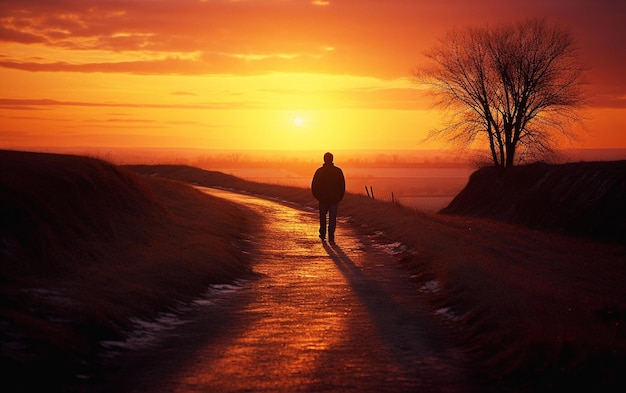 Foto zonsondergang zwerver eenzame man neemt een eenzame wandeling langs de weg