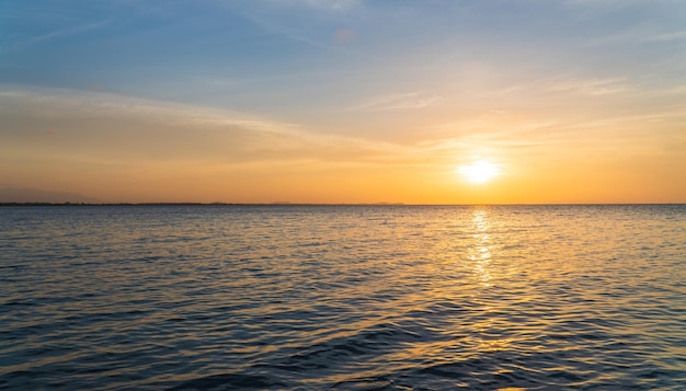 Zonsonderganghemel boven zee in de avond met oranje zonlichtwolken