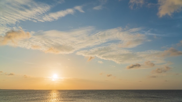 Zonsonderganghemel boven zee in de avond met oranje zonlichtwolken