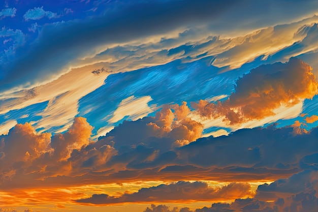 Zonsonderganghemelpanorama met spectaculaire blauwe witte en oranje wolken de lucht bij zonsondergang