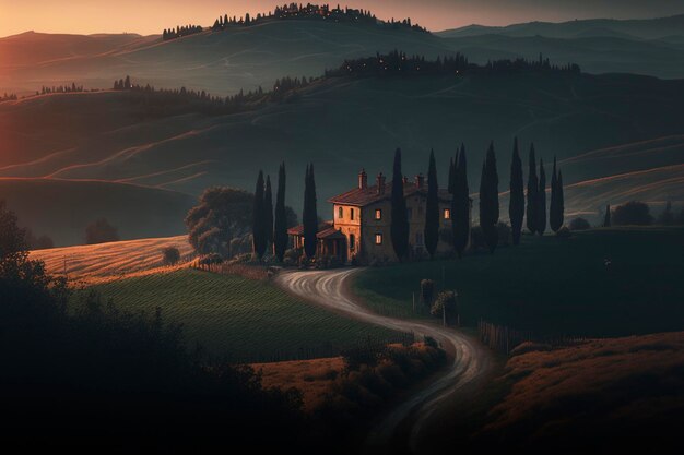 Zonsonderganglandschap in de natuur van Toscane wallpaper AI gegenereerd