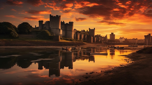 Zonsondergangmening van Caernarfon Castle in het silhouetconcept van Noord-Wales