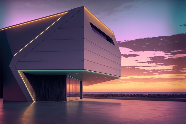 Zonsondergangmening van lege balkonvloer op gang van de buitenkant van het moderne gebouw