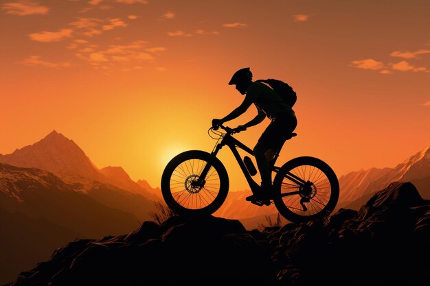 Foto zonsondergangsilhouet van een man die op een mountainbike generatieve ai fietst