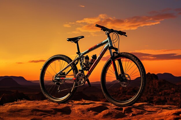 Foto zonsondergangsilhouet van een man die op een mountainbike generatieve ai fietst