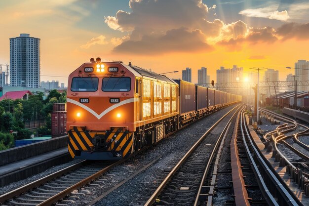 Zonsondergangstralen over een drukke vrachttreinstation met kleurrijke containers die stedelijk vervoer en logistiek tonen