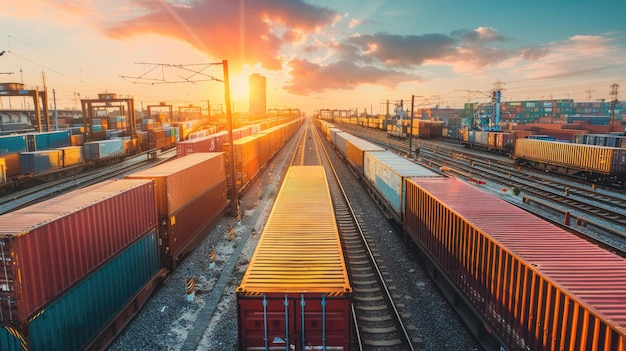 Zonsondergangstralen over een drukke vrachttreinstation met kleurrijke containers die stedelijk vervoer en logistiek tonen