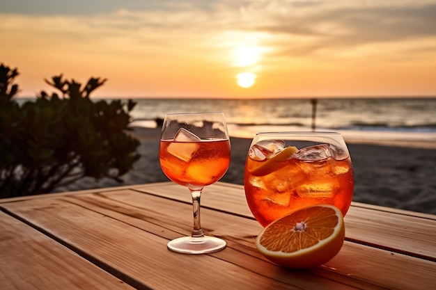 Zonsondergangverfrissing Aperol op houten tafel met adembenemend uitzicht Generatieve Ai