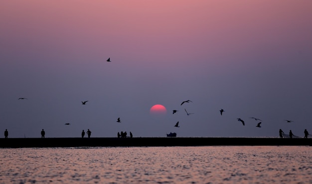 Zonsopgang aan de kust met vliegende vogels in Kuakata, Bangladesh