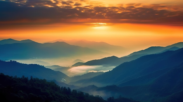 Zonsopgang boven bergen Bergen zonsondergang natuur achtergrond AI gegenereerd