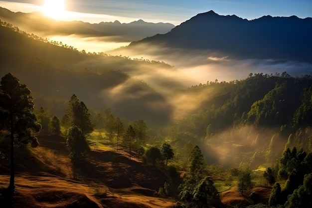 Zonsopgang boven de bergen in Muang