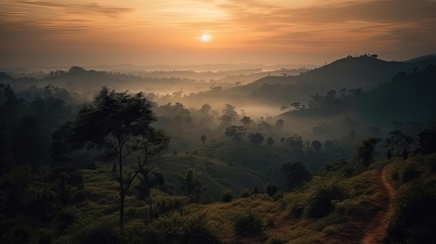 Zonsopgang boven de bergen met uitzicht op de heuvels en bomen