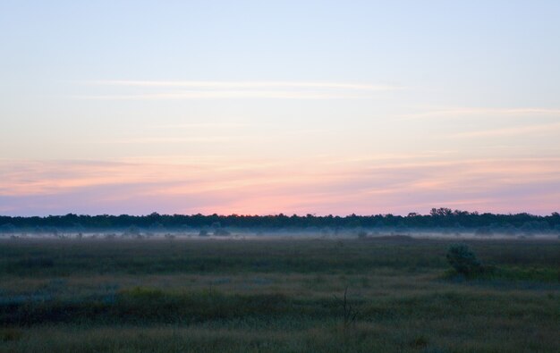 Zonsopgang boven de prairie en ochtendmist