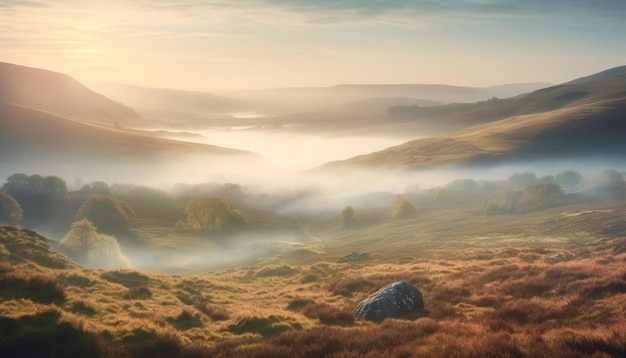 Zonsopgang boven de rustige herfstkleuren van de bergketen gegenereerd door AI