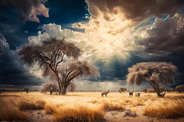 Zonsopgang boven de savanne en grasvelden in Zuid-Afrika met bewolkte hemel Neuraal netwerk AI gegenereerd