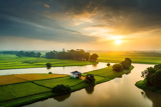 zonsopgang boven een rijstveld met een huis aan het water