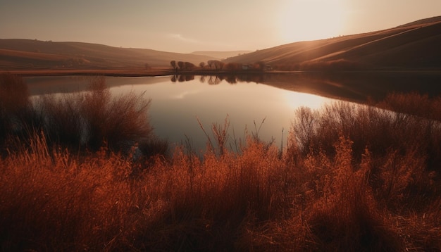 Zonsopgang boven een rustige bergweide die de schoonheid weerspiegelt die wordt gegenereerd door kunstmatige intelligentie