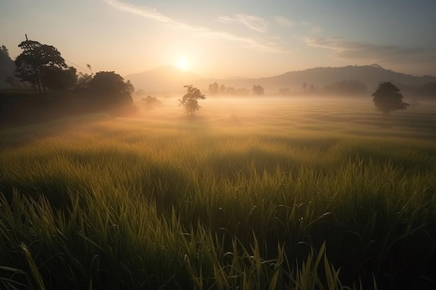 Zonsopgang boven een veld met een mistige achtergrond