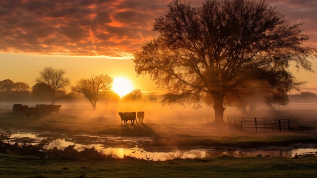 Zonsopgang boven een veld met koeien in klaver, Texas