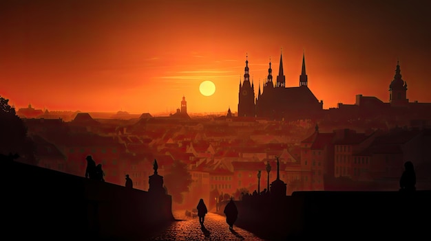 Zonsopgang boven historisch Praag Tsjechië werpt schaduwen op gebouwen