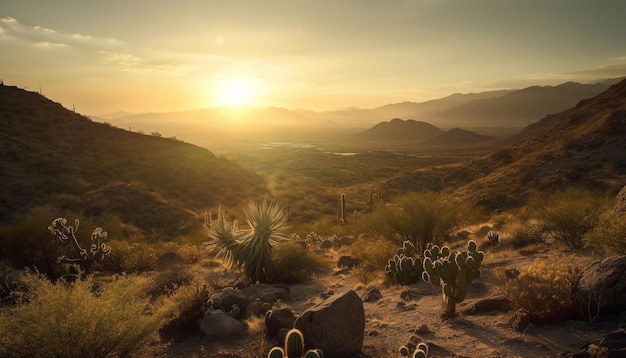 Zonsopgang boven rustige bergketen natuurschoon gegenereerd door AI