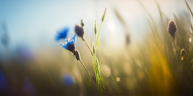 Zonsopgang in de berg blured Weide met veel bloemen op zonnige dag in de bosclose-up met ruimte generatieve AI