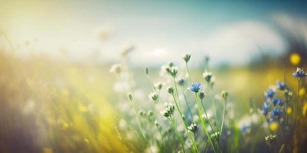 Zonsopgang in de berg blured Weide met veel bloemen op zonnige dag in de bosclose-up met ruimte generatieve AI