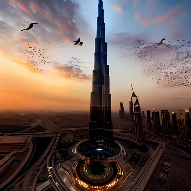 zonsopgang in de stad Dubai de schoonheid van Burj Generative AI