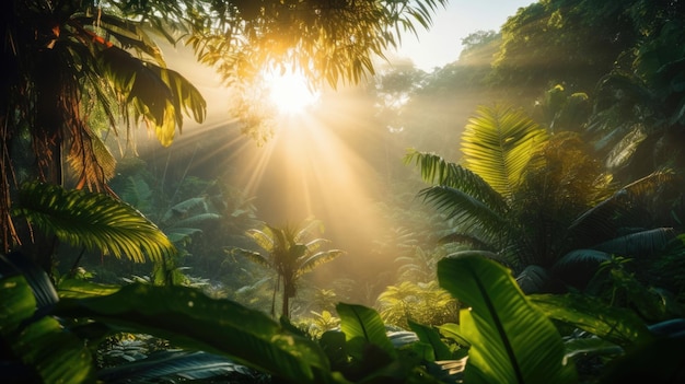 Zonsopgang in het regenwoud van de jungle door tropische palmplanten en weelderig varengebladerte Mooie zonnige ochtend in magisch bos Exotisch natuurlandschap met prachtige majestueuze landschappen