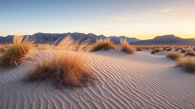 Foto zonsopgang laag bij de grond door wind geveegde zandduinen zandrimpelingen natuurfotografie gegenereerd door ai