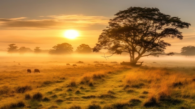 zonsopgang mist in de savanne grasland